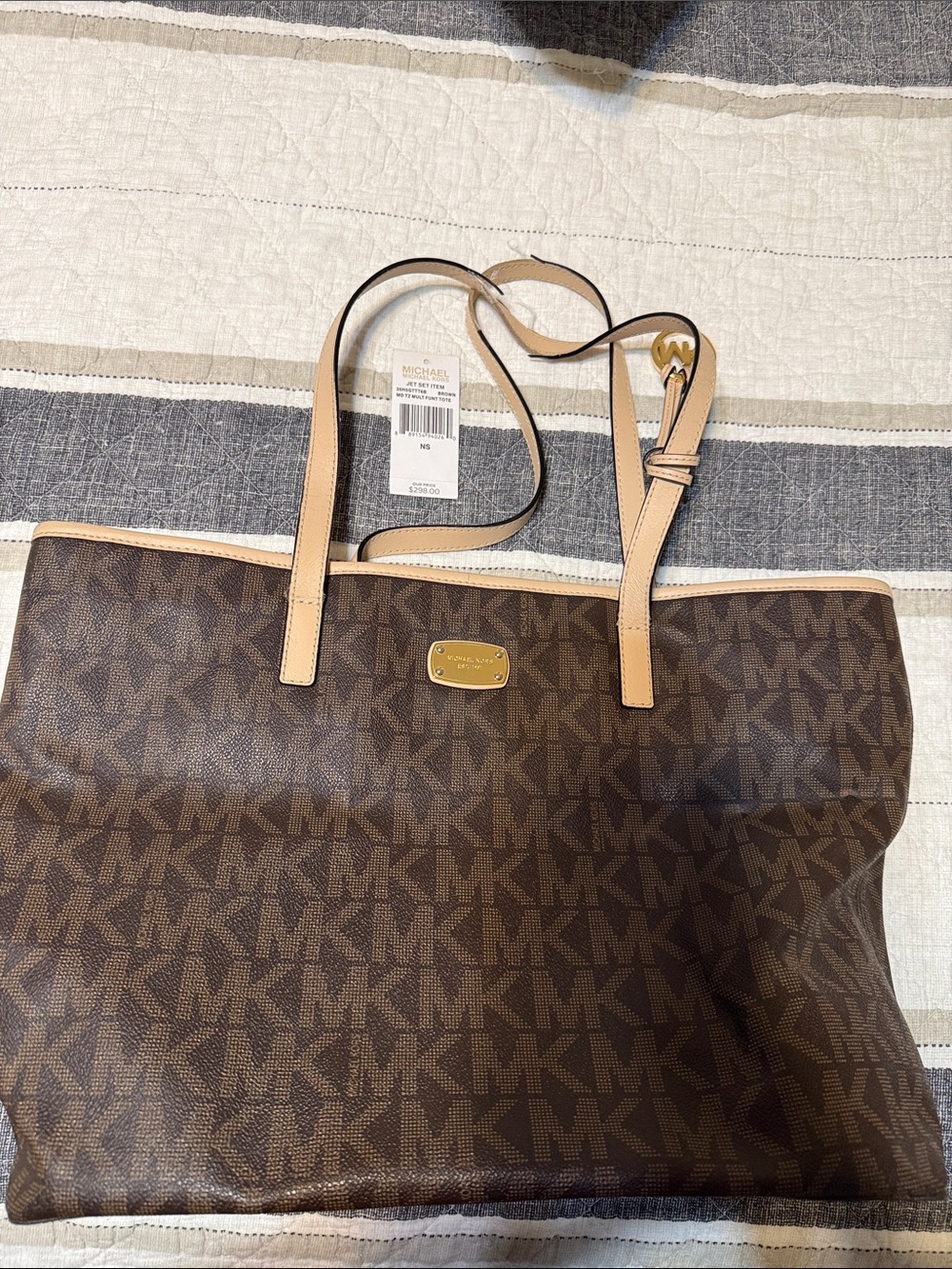 Michael Kors Brown MK Logo Jet Set Tote with Tan Straps and computer padding